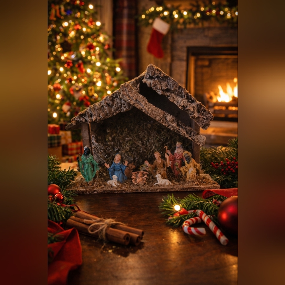 Vintage Handcrafted Nativity Scene – Rustic Stable & Figurines – Christmas Décor